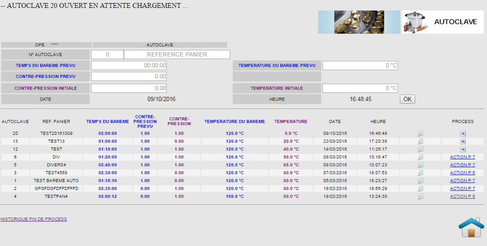 Processus d'auto-clavage après remplissage des paniers.
logiciel de gestion de production Agro-alimentaire Tracei.