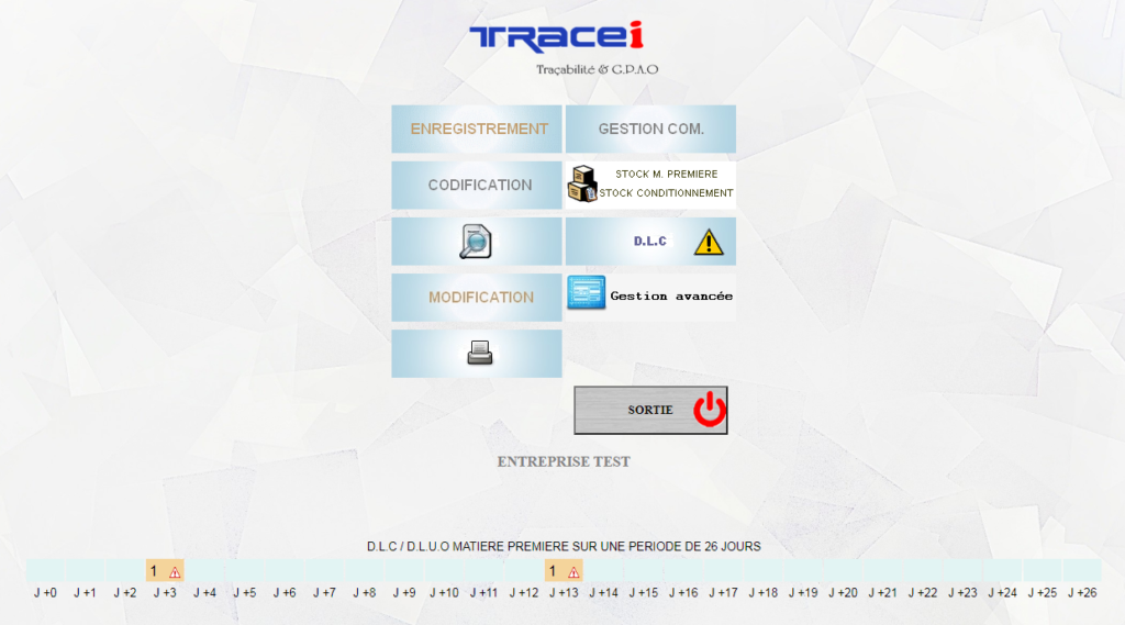 Ecran principal du logiciel de traçabilité  et gestion  de production TRACEI